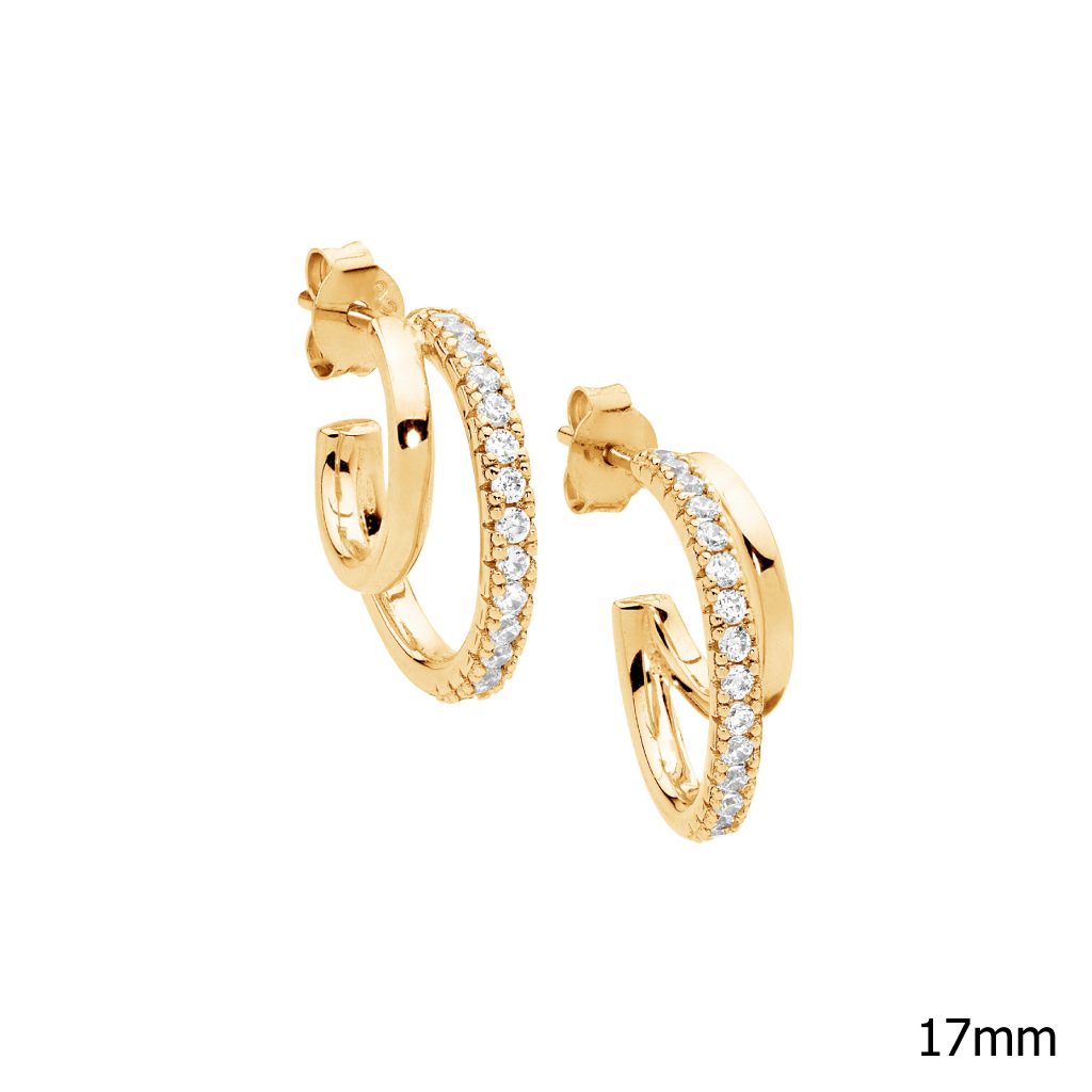Sterling Silver CZ Gold Plated Double Hoop Studs